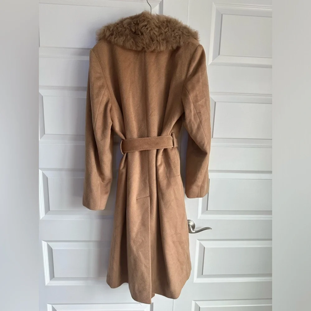 Sofia Cashmere Belted‎ Genuine Shearling Trim Coat NWT 14